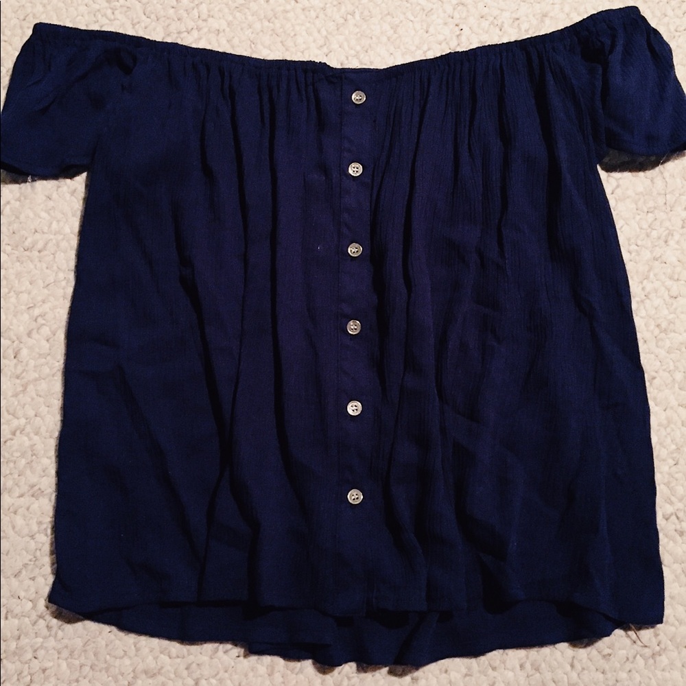 Navy off-the-shoulder blouse, gold buttons